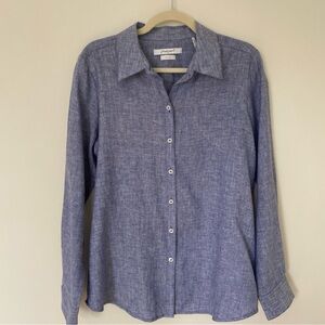Foxcroft 100% Linen Button Up Shirt in Chambray Denim Blue size 14
